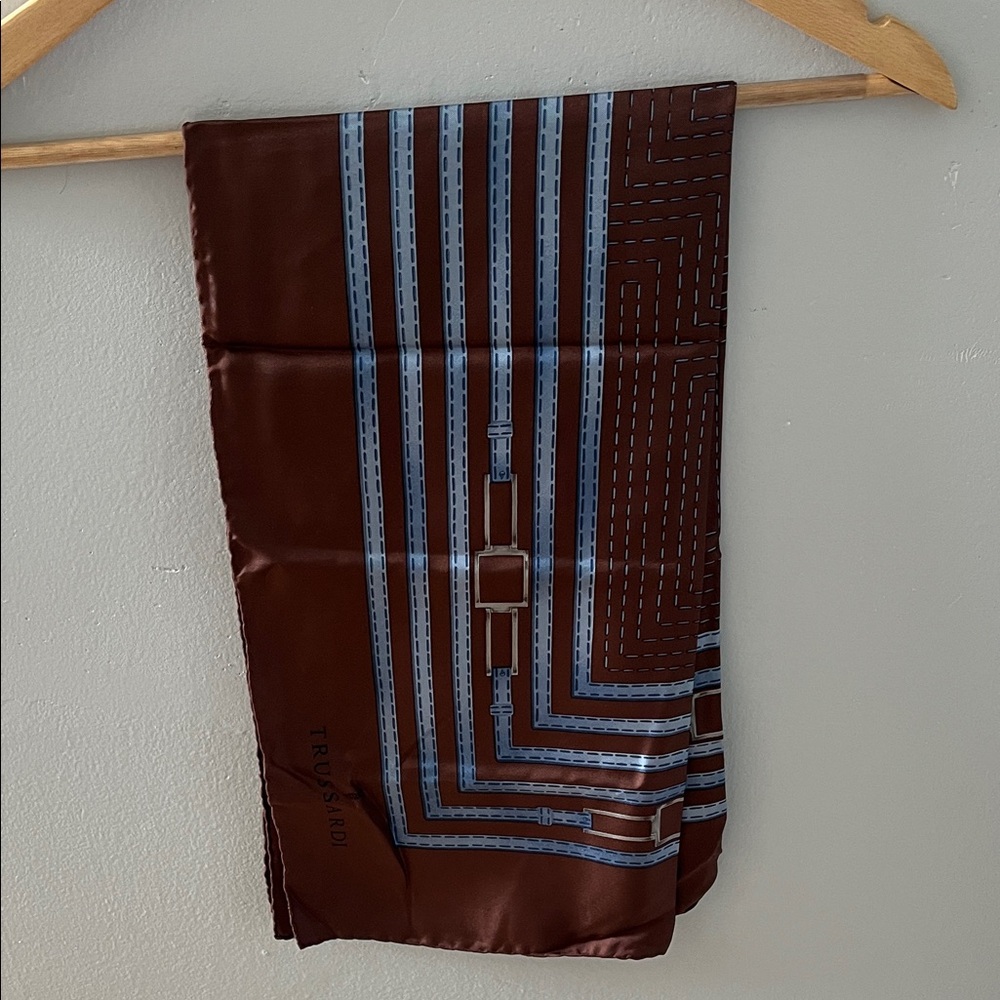 Trussardi Brown and Blue Elegant 100% silk Scarf - Picture 2 of 7